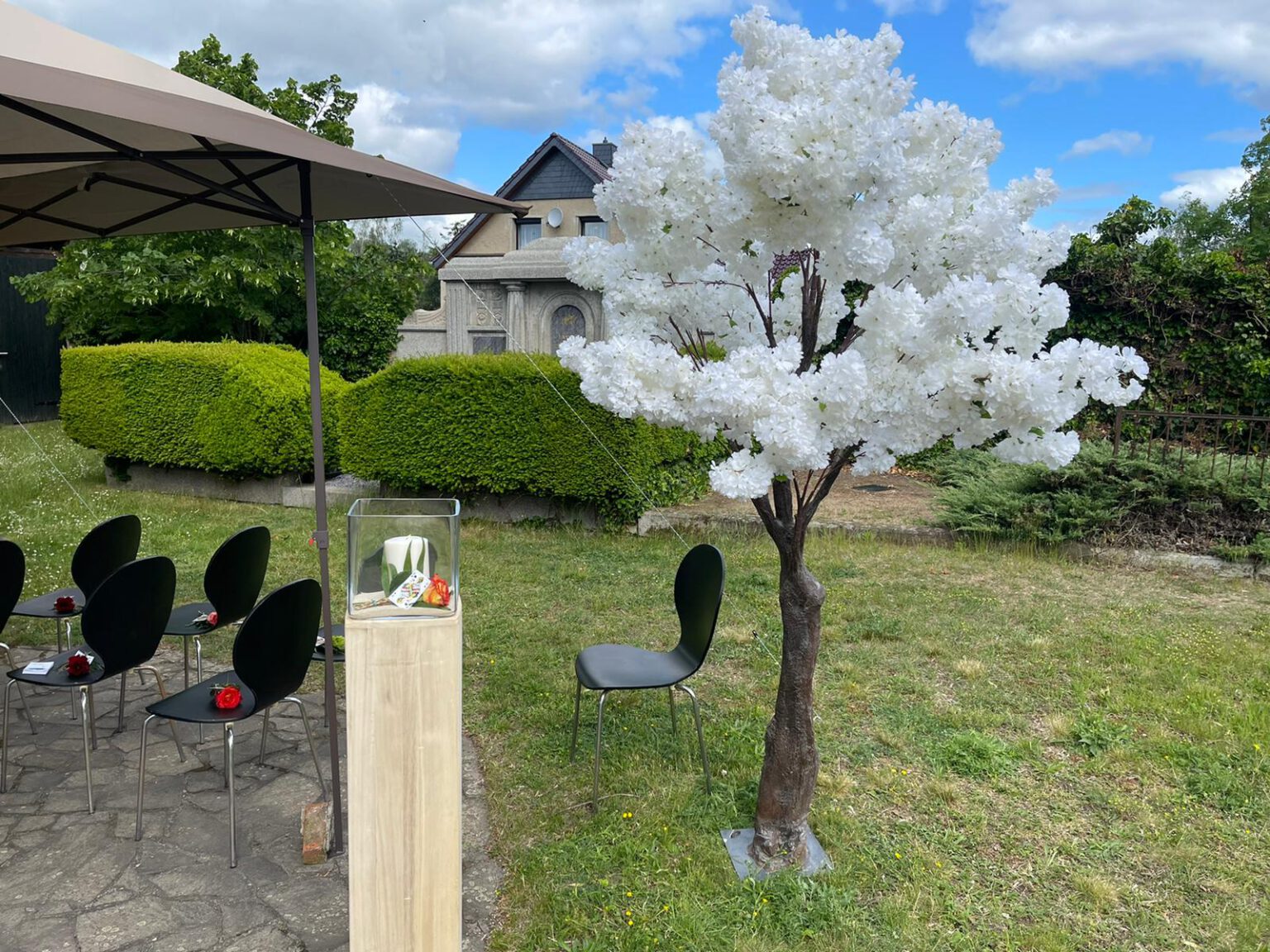 Freie Trauung im Grünen mit blühendem weißen Baum und Stuhlreihen